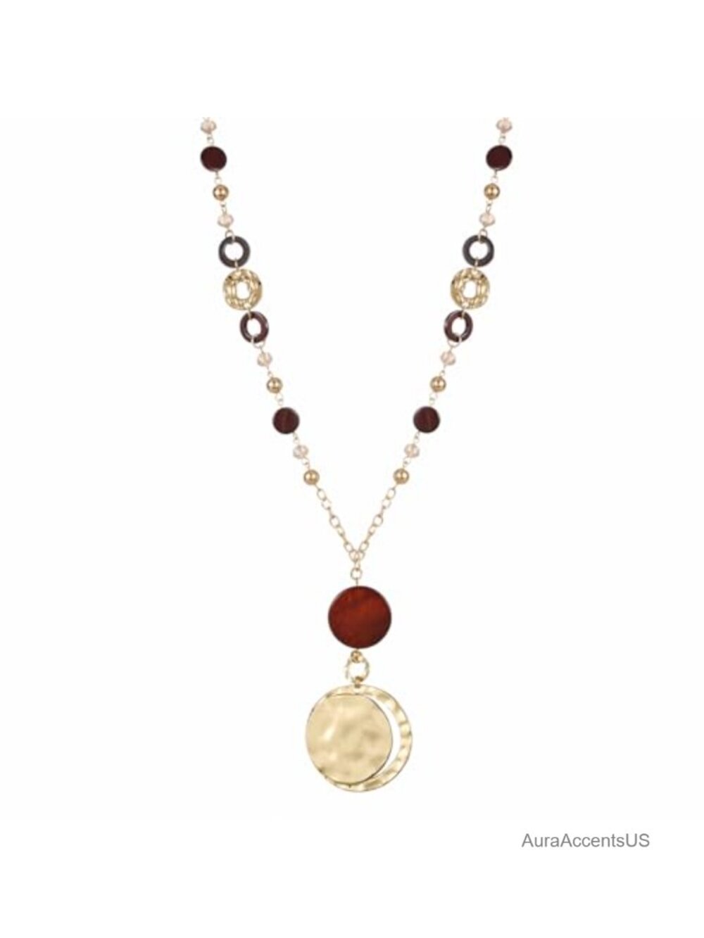 Long Y-Necklace Sea Shell Bead Hammered Disc Pendant Boho Sweater Chain